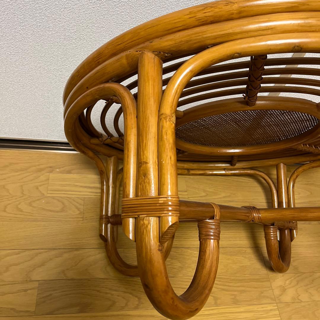籐家具 ラタンラウンドローテーブル 籐素材 円卓 座卓 机 ラタン 昭和レトロ