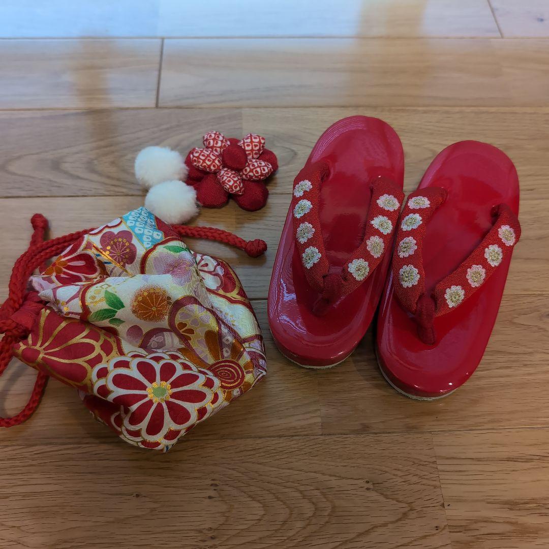 3歳　七五三　赤　花　女の子　花ひめ　6点セット　和装　着物　下駄　髪飾り