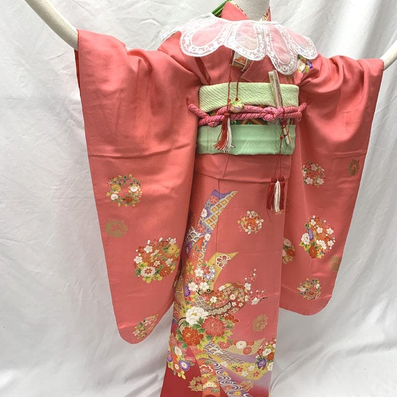 506ag55□七五三 七歳 女児 着物&袋帯&長襦袢 金彩 束ね熨斗□状態良好