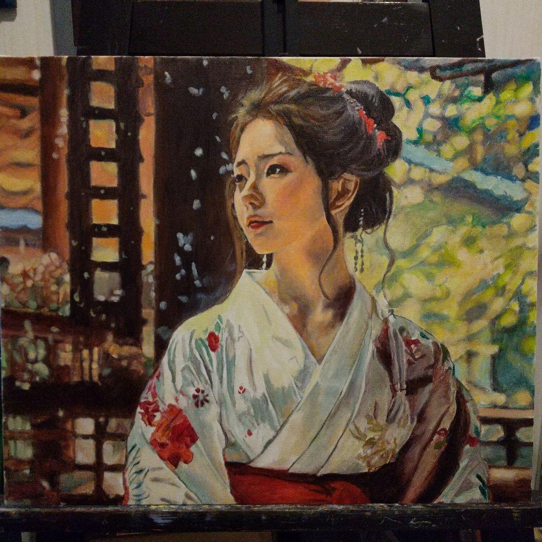 女性の肖像 油彩画 着物 8号 F8 油絵 人物画#2 - メルカリ
