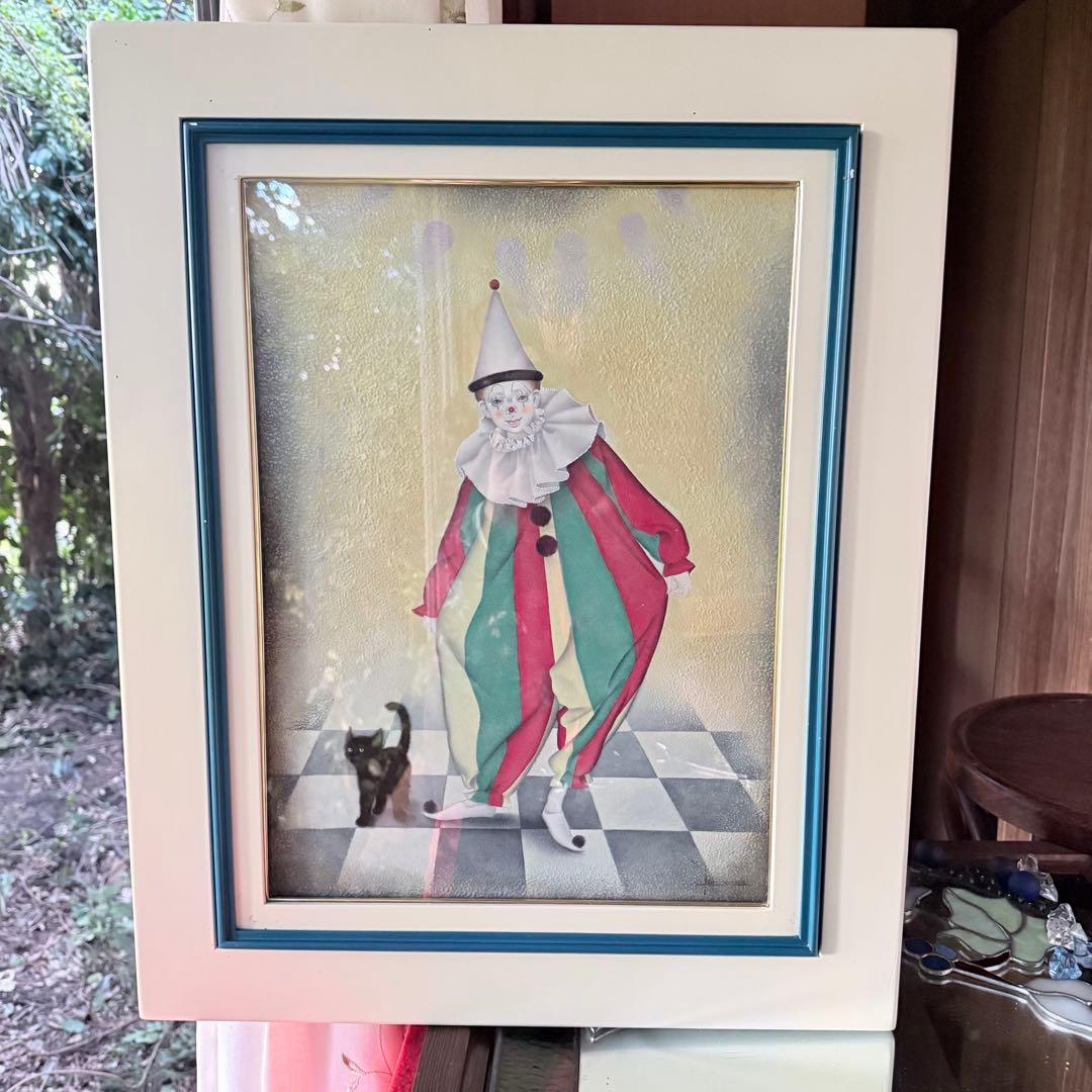 超限定1月21日20時迄‼️猫愛‼️川内令子『ピエロと黒猫』油彩画99年作真筆署名有