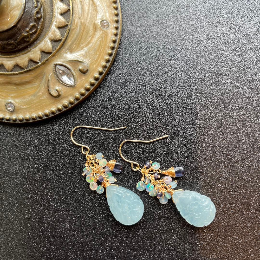 アクアマリンカービング＊ピアスorイヤリング