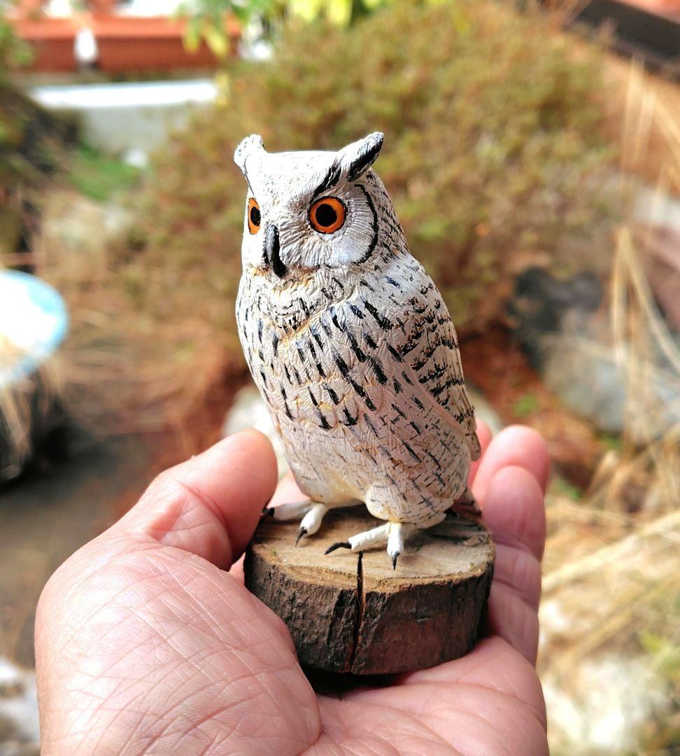 小さなバードカービング シベリアワシミミズク 野鳥 木彫り 梟
