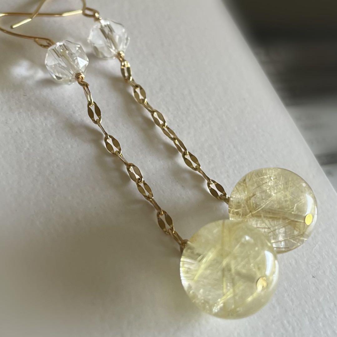 596re ゴールドルチル　ブラジル産水晶　ピアス