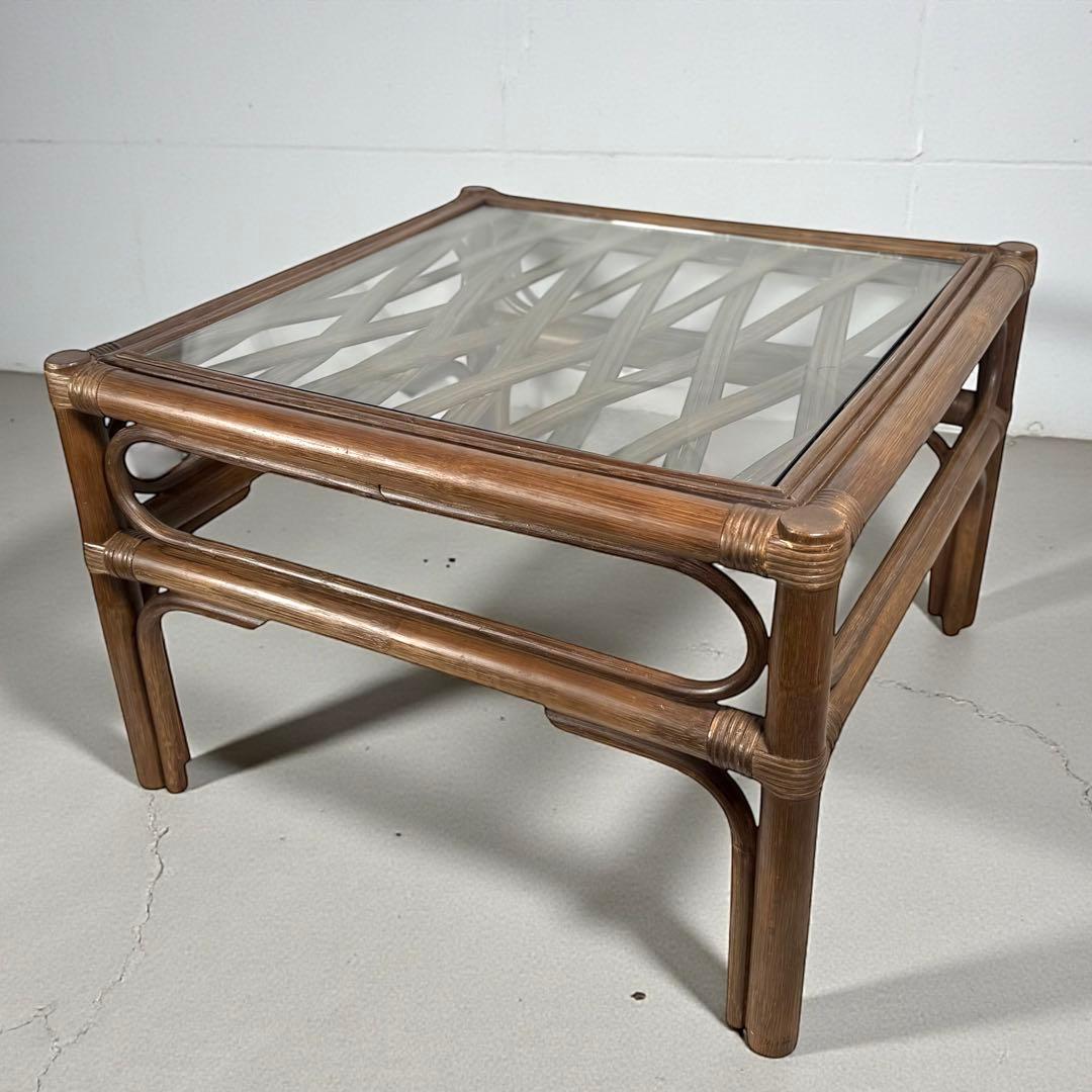 KZ035 【希少デザイン】コスガ　kosuga ラタン籐　ガラステーブル