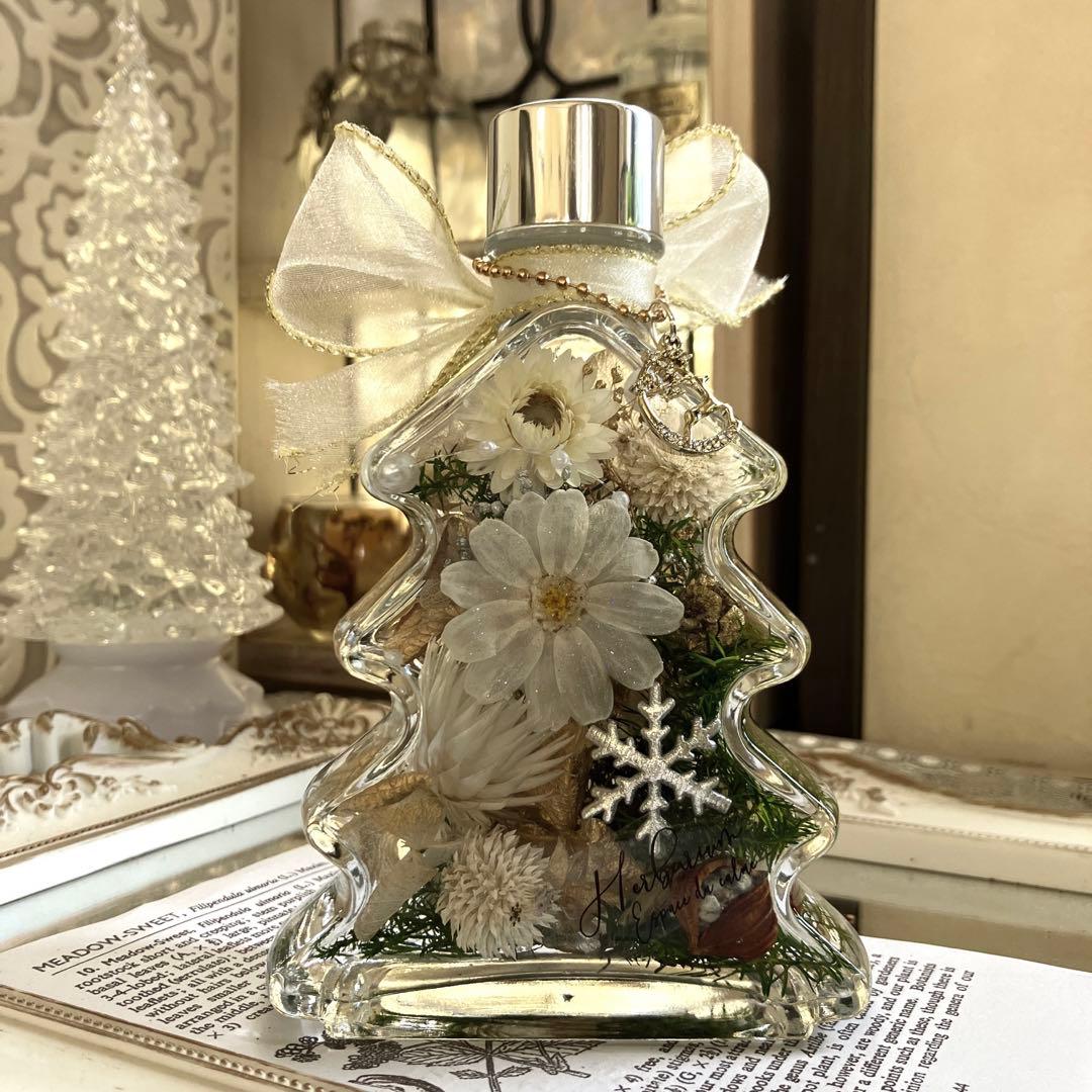 ◆ハーバリウム　278 真っ白ジニアのツリーbottle *.:。✿*゜¨