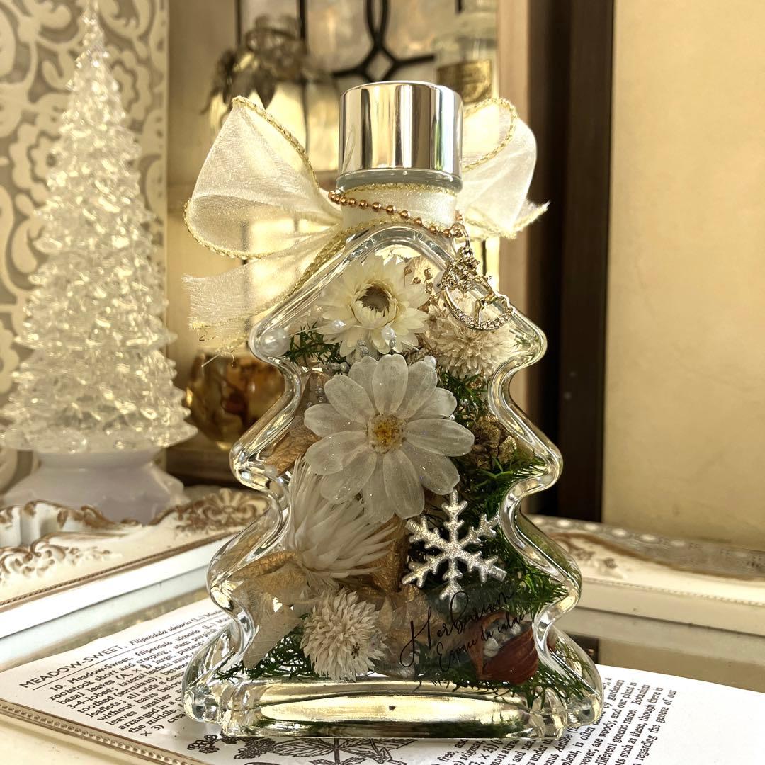 ◆ハーバリウム　278 真っ白ジニアのツリーbottle *.:。✿*゜¨