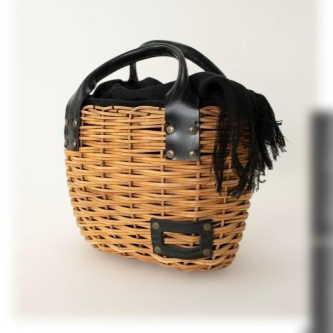 エバゴス♡2本編みカゴバッグ♡紅籐♡ブライドルレザー♡ブラック♡美品♡日本製