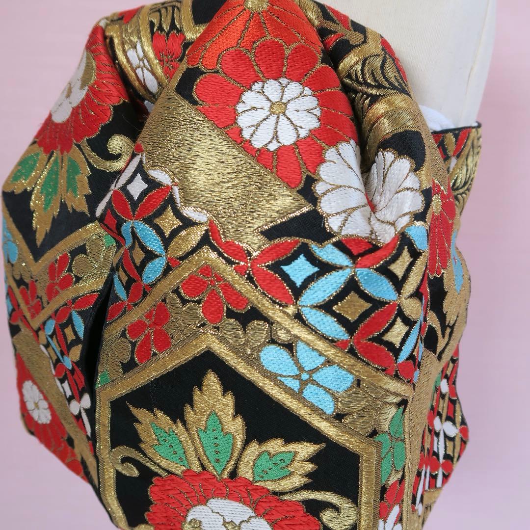 七五三 作り帯 アンティーク帯リメイク 黒地×赤金 古典花文様｜文庫｜一点もの