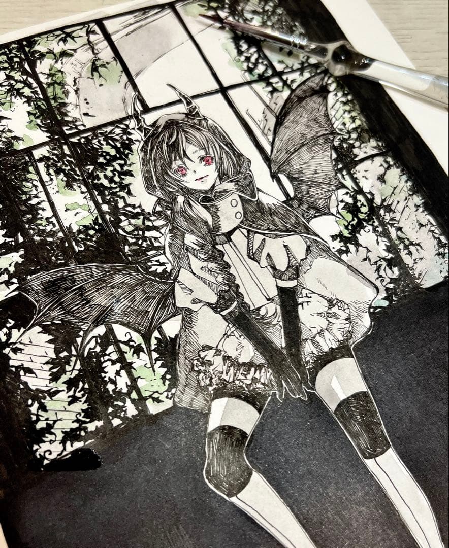 ご予約済。手描きイラスト B5 オリジナル 廃墟とドラゴン少女 ペン画