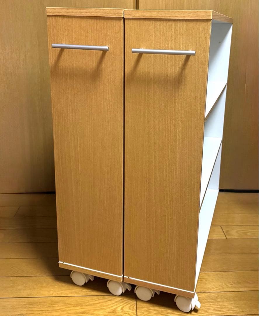 キャスター付き木製本棚　スリム型　3段　2点セット