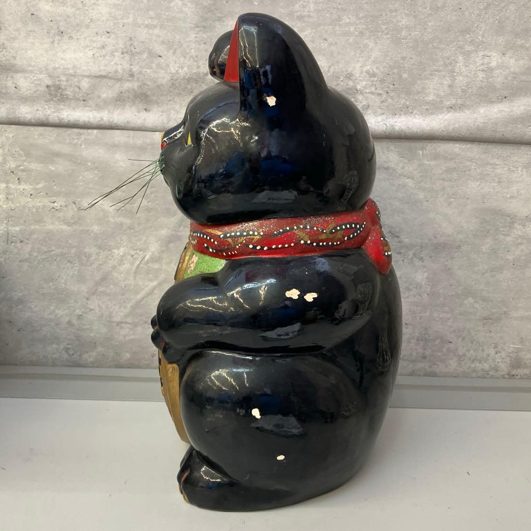 昭和レトロ 陶器製 貯金箱 黒猫 大型招き猫 まねきねこ 億万両 古道具オブジェ