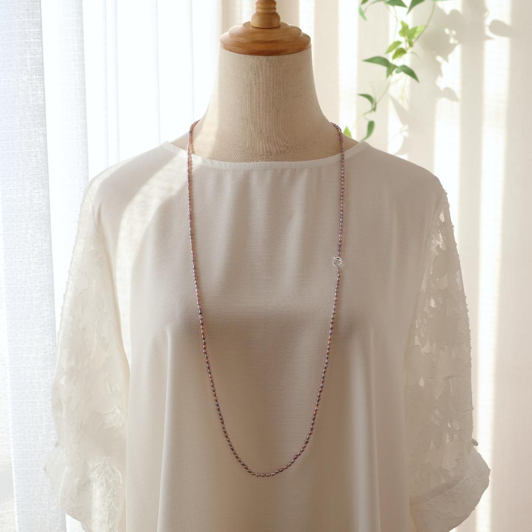 モーブピンクベビーパールロングネックレス　ベビーパール　ピンク　ロングネックレス