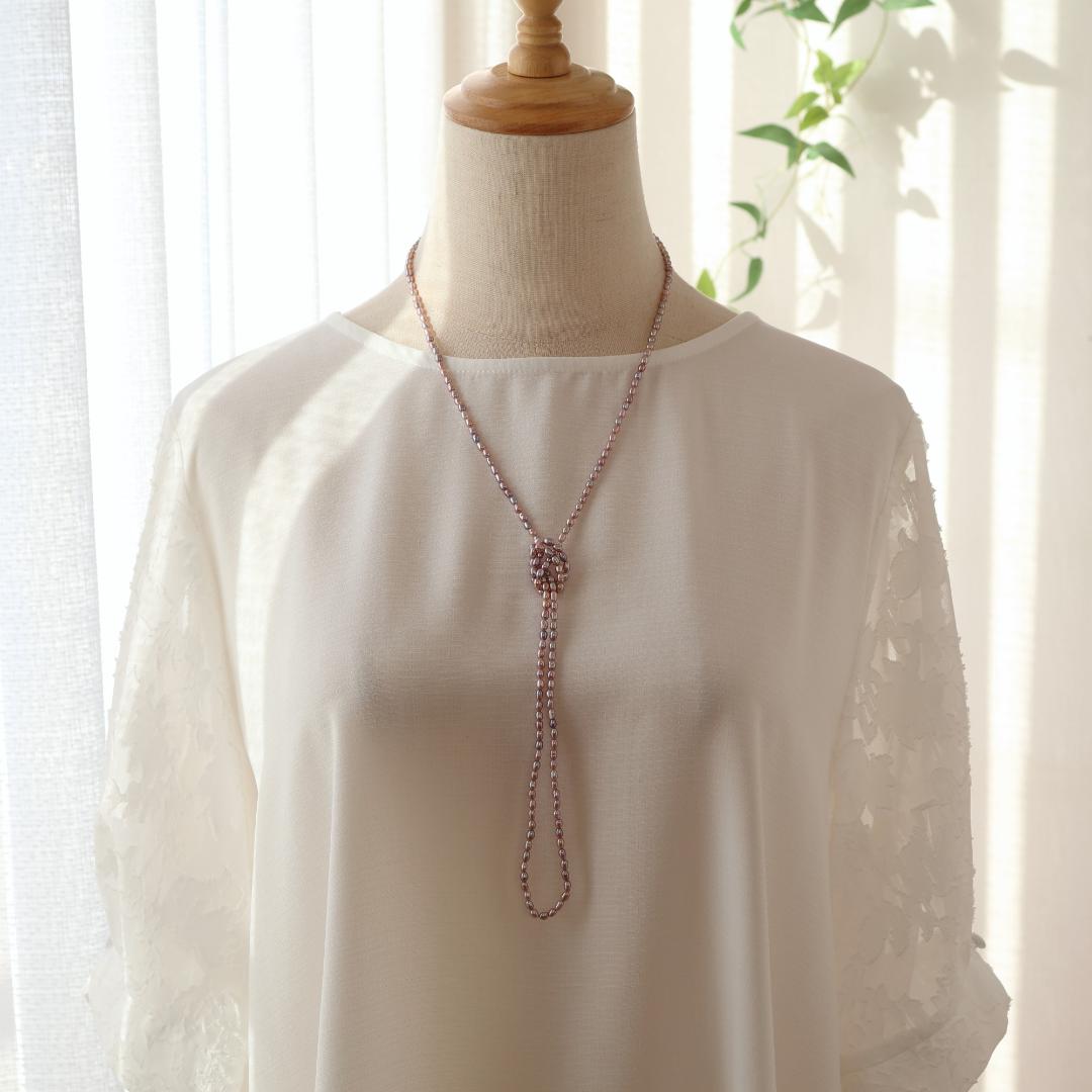 モーブピンクベビーパールロングネックレス　ベビーパール　ピンク　ロングネックレス