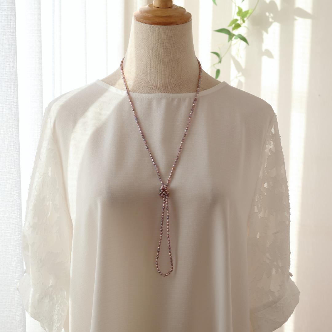 モーブピンクベビーパールロングネックレス　ベビーパール　ピンク　ロングネックレス