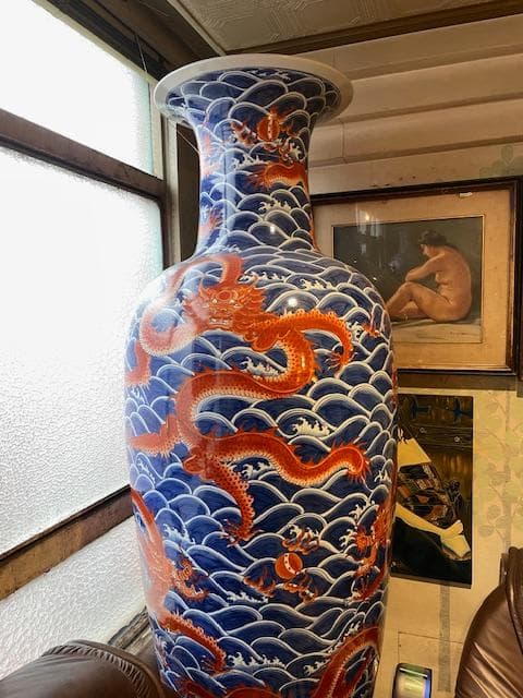 青海波模様 赤い龍 陶磁器 花瓶