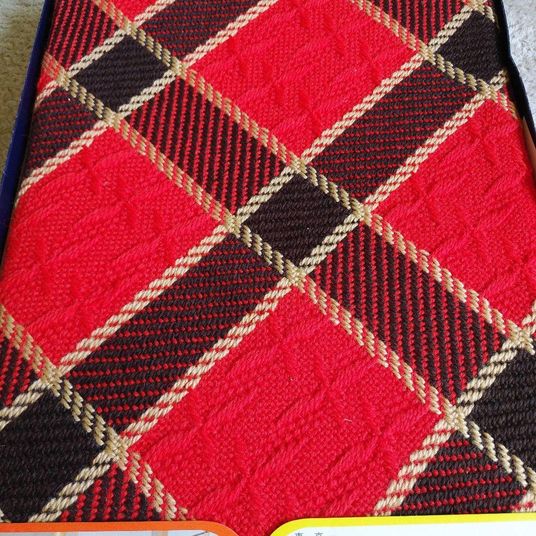 昭和レトロ 赤と茶色のチェック柄のフリンジ付きこたつ上掛け、180×180cm