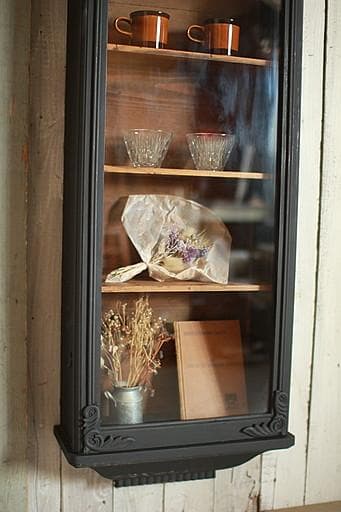 古い壁掛け木枠ガラス戸棚　5段　食器棚　飾り棚　ウォールラック　古家具　古道具