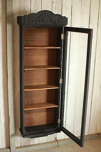 古い壁掛け木枠ガラス戸棚　5段　食器棚　飾り棚　ウォールラック　古家具　古道具