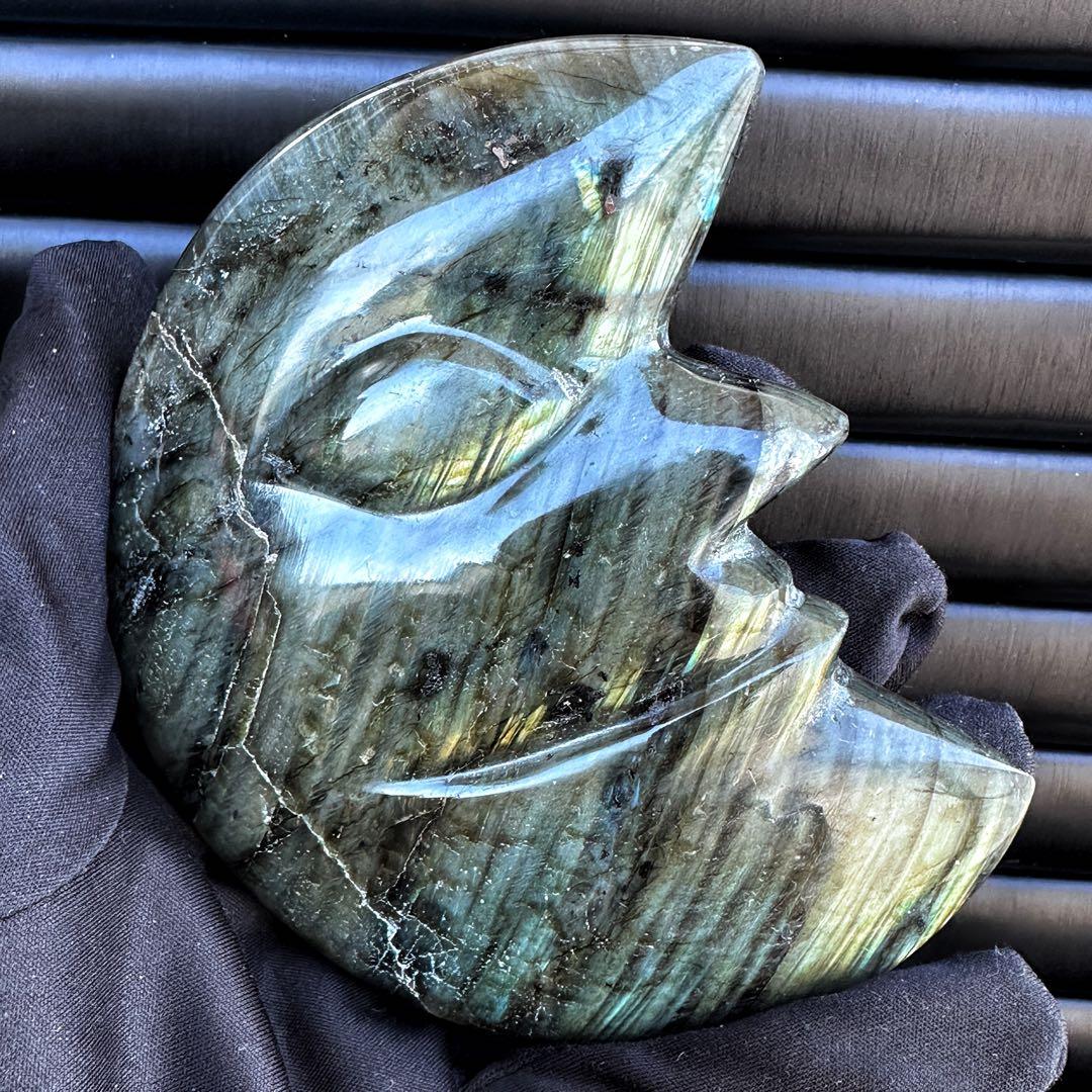 爆アレ☆ラブラドライト☪︎ムーンフェイス 月 鉱物 置物 原石 天然石A1169