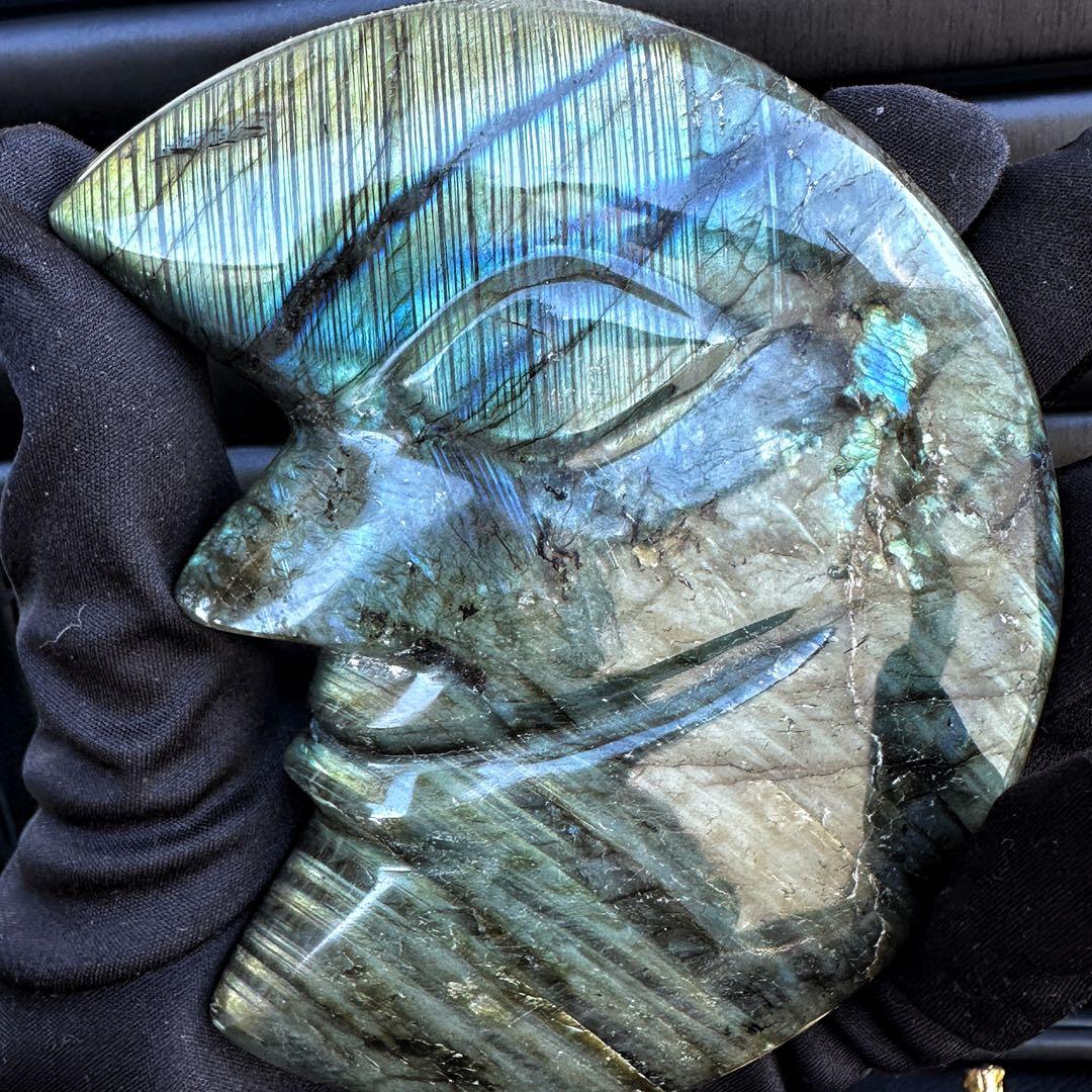 爆アレ☆ラブラドライト☪︎ムーンフェイス 月 鉱物 置物 原石 天然石A1169