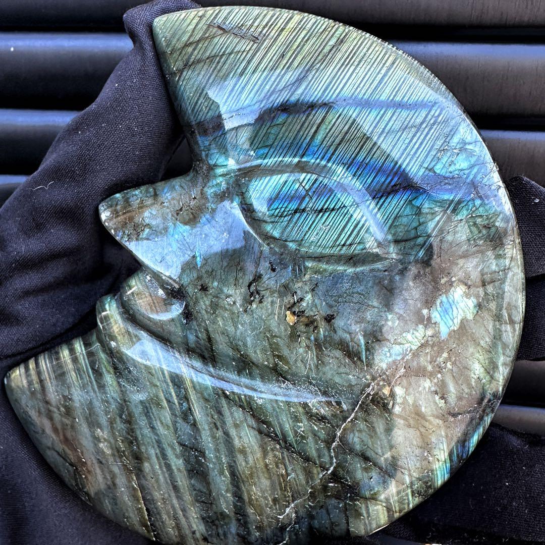 爆アレ☆ラブラドライト☪︎ムーンフェイス 月 鉱物 置物 原石 天然石A1169