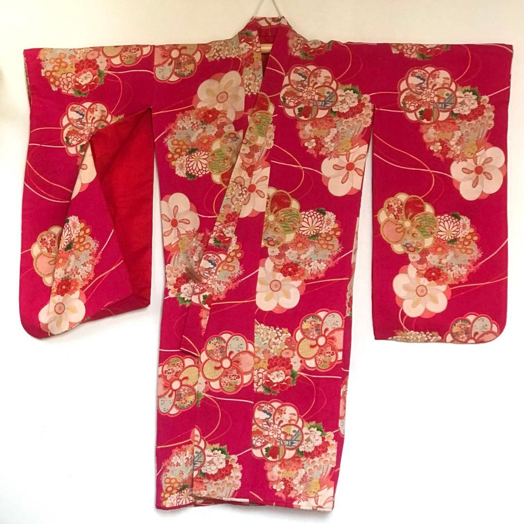 正絹 アンティーク着物 振袖 七五三 ◇ねじ梅 花丸紋 古典柄 濃ピンク
