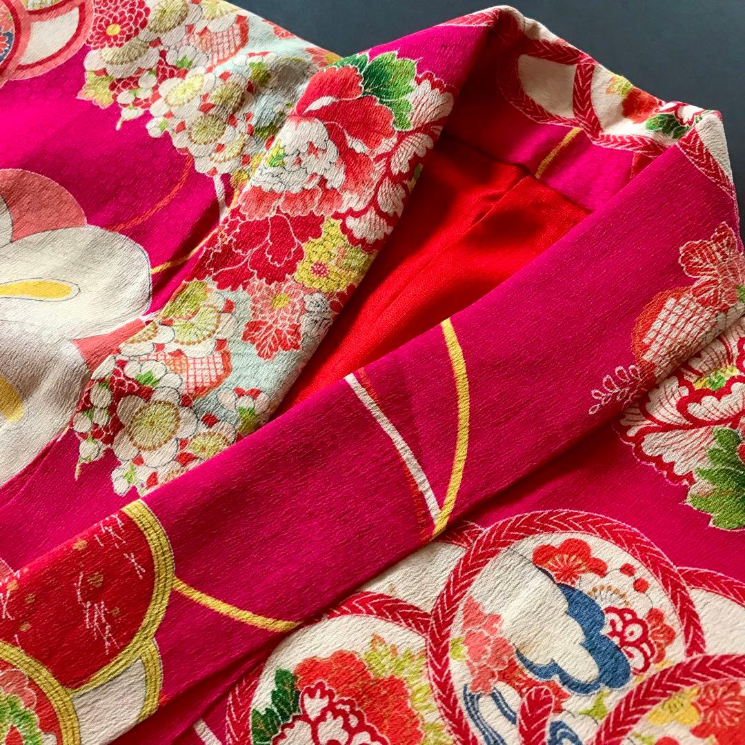 正絹 アンティーク着物 振袖 七五三 ◇ねじ梅 花丸紋 古典柄 濃ピンク