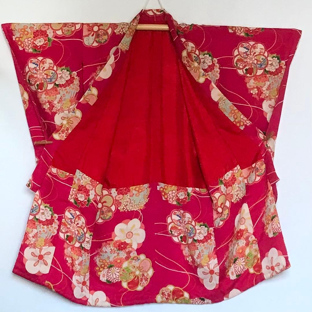 正絹 アンティーク着物 振袖 七五三 ◇ねじ梅 花丸紋 古典柄 濃ピンク