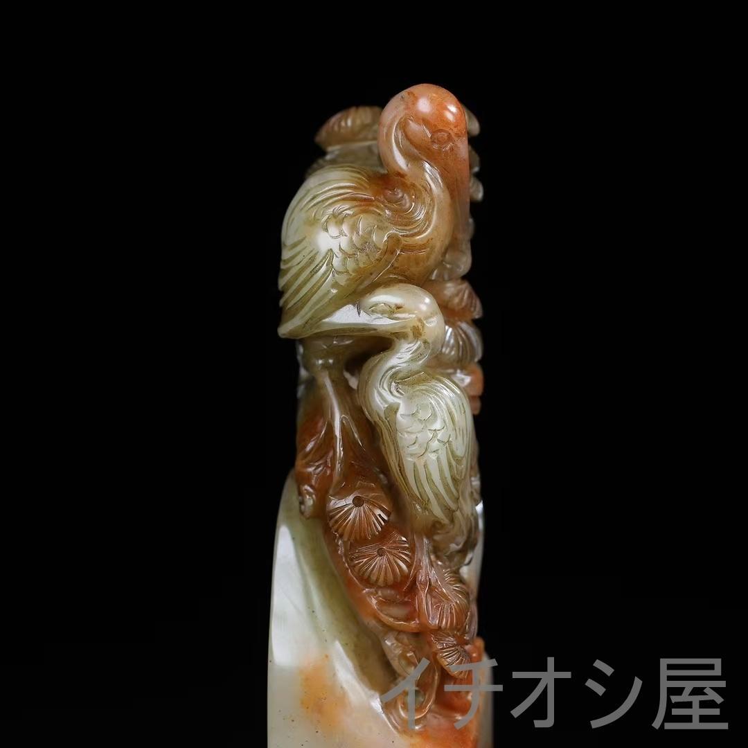 中国古美術【旧蔵 寿山 桃花凍石 松鶴 印章】篆刻 印材 印鑑 書道具 文房置物