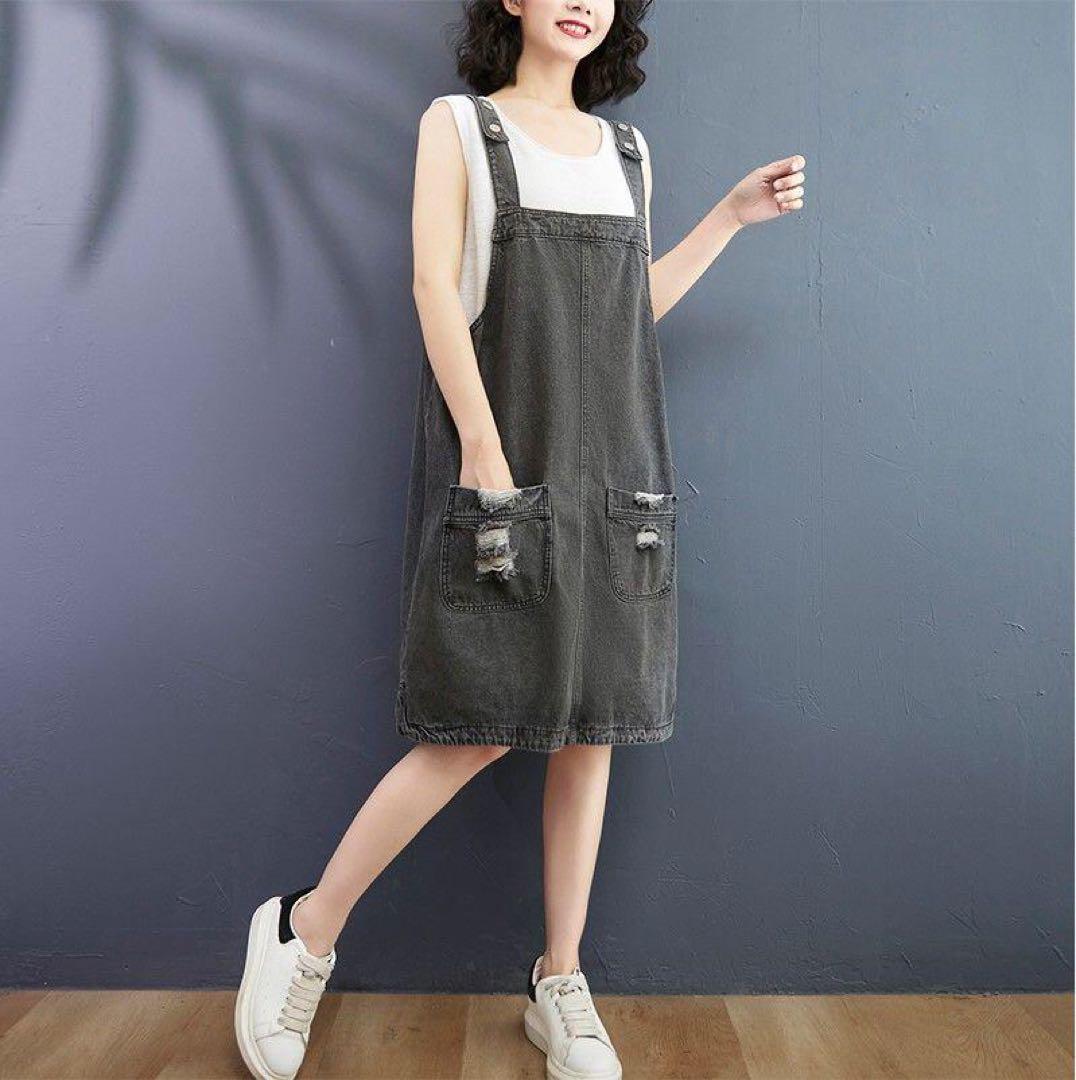 ひざ丈ワンピース 破れジーンズ デニム ゆったり 着痩せ サロペットスカート