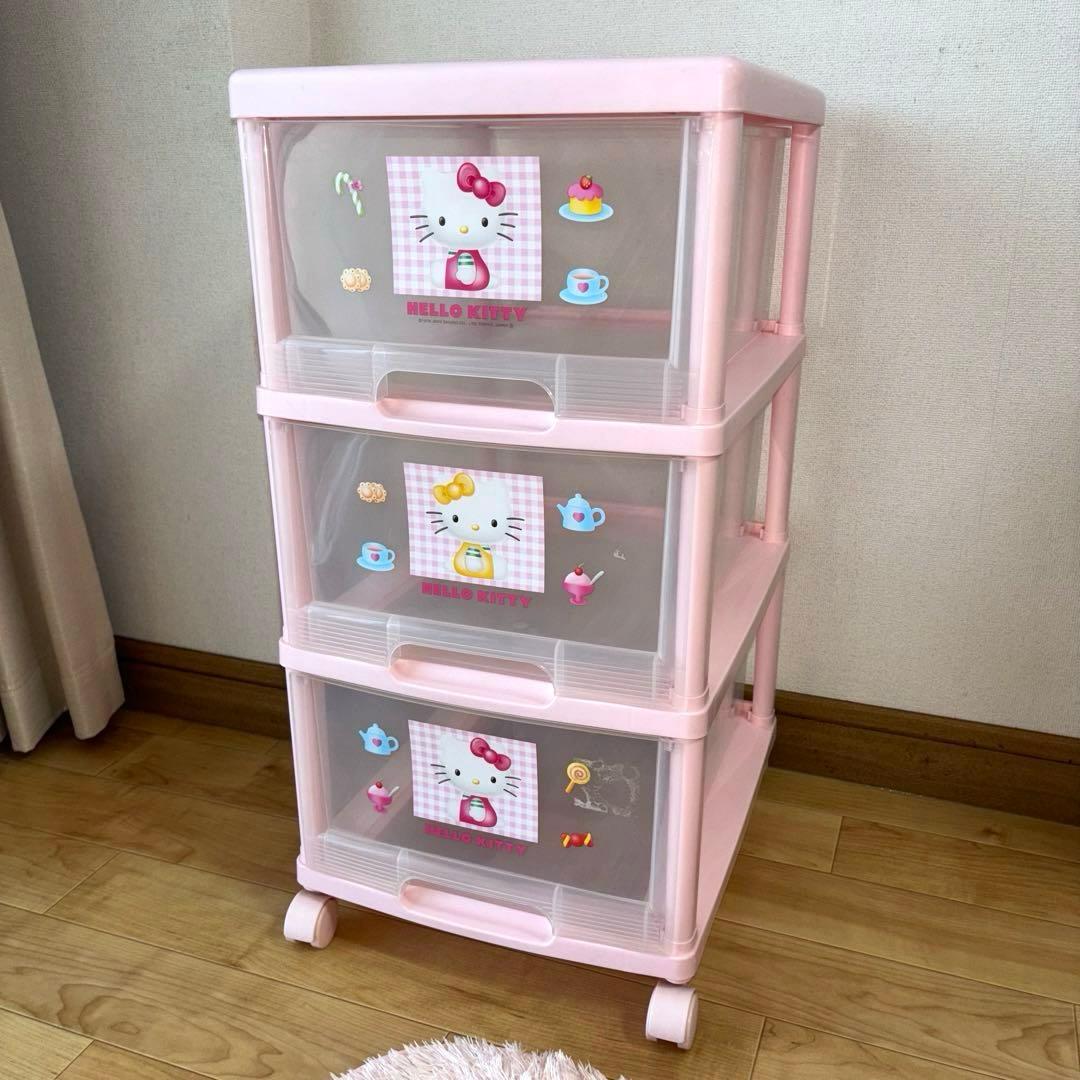 ハローキティ 3段収納ケース 3段チェスト 引き出し収納 ピンク - メルカリ