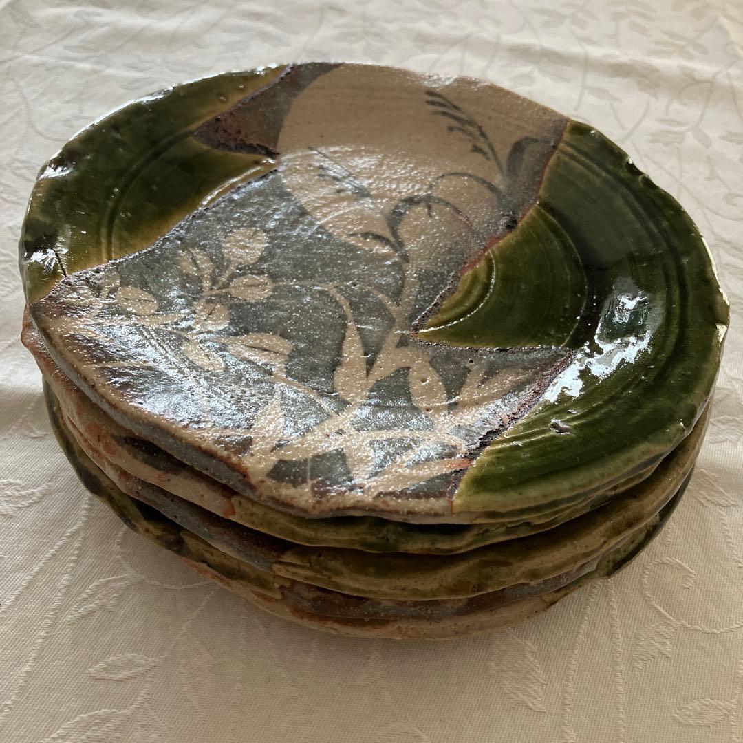 未使用❤️玉山窯 織部 中皿 名窯 秋 萩 ススキ 満月 ５枚 直径約19