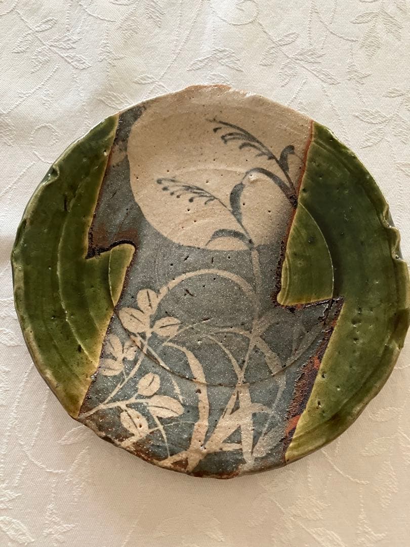 未使用❤️玉山窯 織部 中皿 名窯 秋 萩 ススキ 満月 ５枚 直径約19