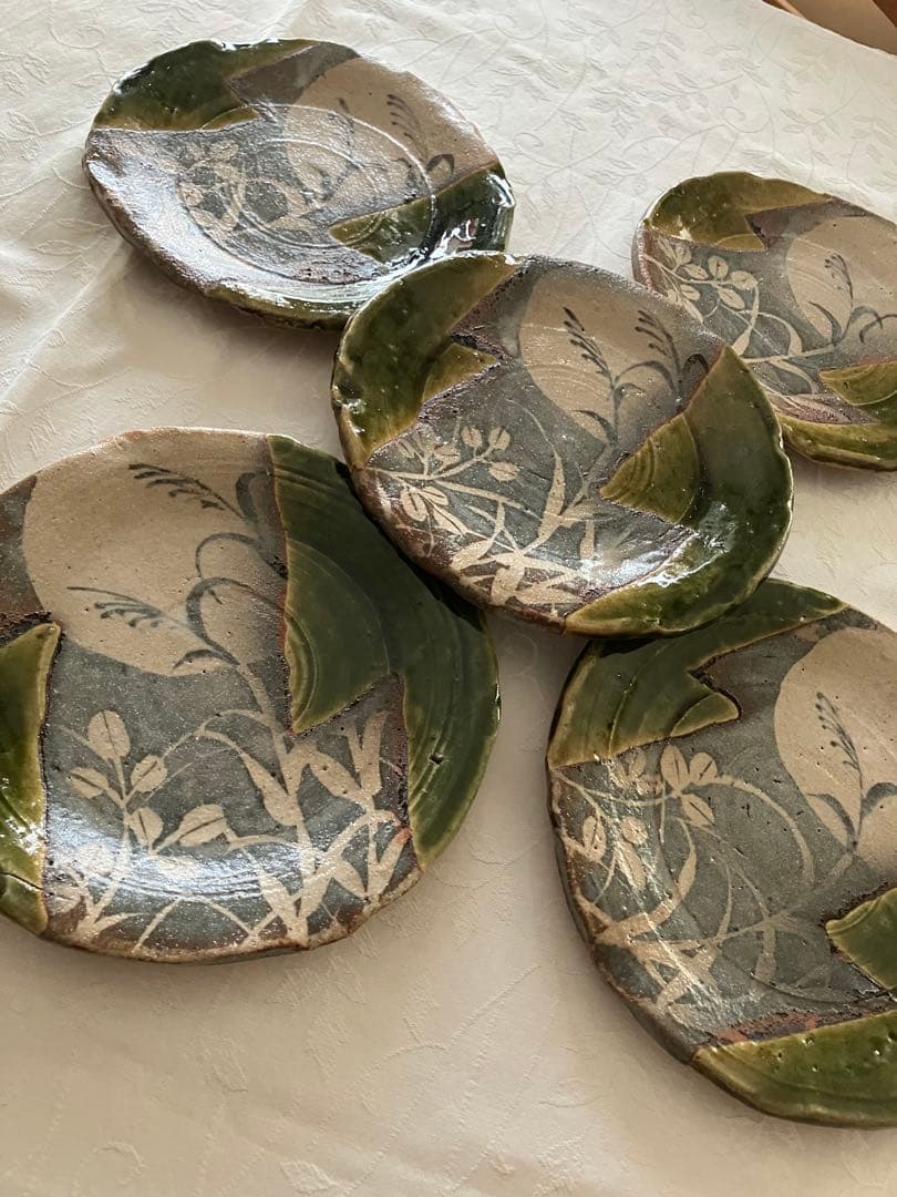 未使用❤️玉山窯 織部 中皿 名窯 秋 萩 ススキ 満月 ５枚 直径約19