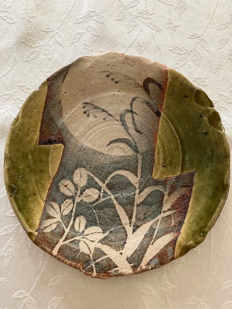 未使用❤️玉山窯 織部 中皿 名窯 秋 萩 ススキ 満月 ５枚 直径約19