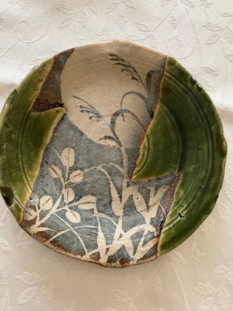 未使用❤️玉山窯 織部 中皿 名窯 秋 萩 ススキ 満月 ５枚 直径約19