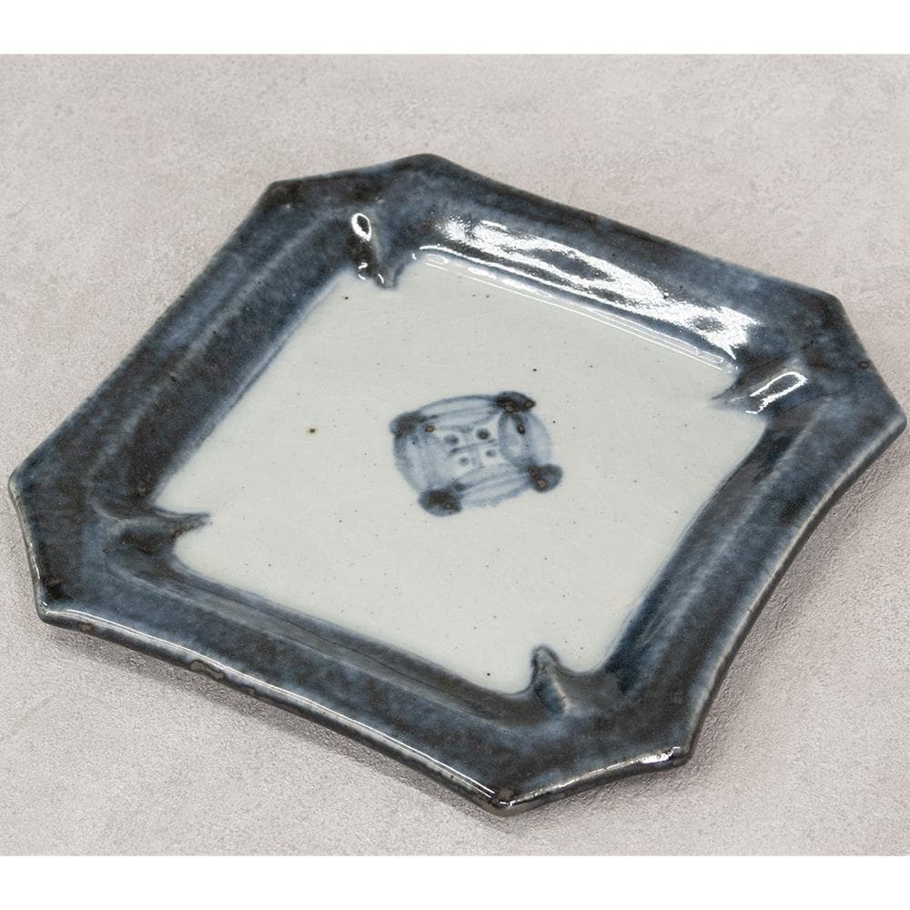 河井透 飾り皿「藍七宝紋角皿」22.5cm 共箱（河井武一の長男）河井寛次郎系統