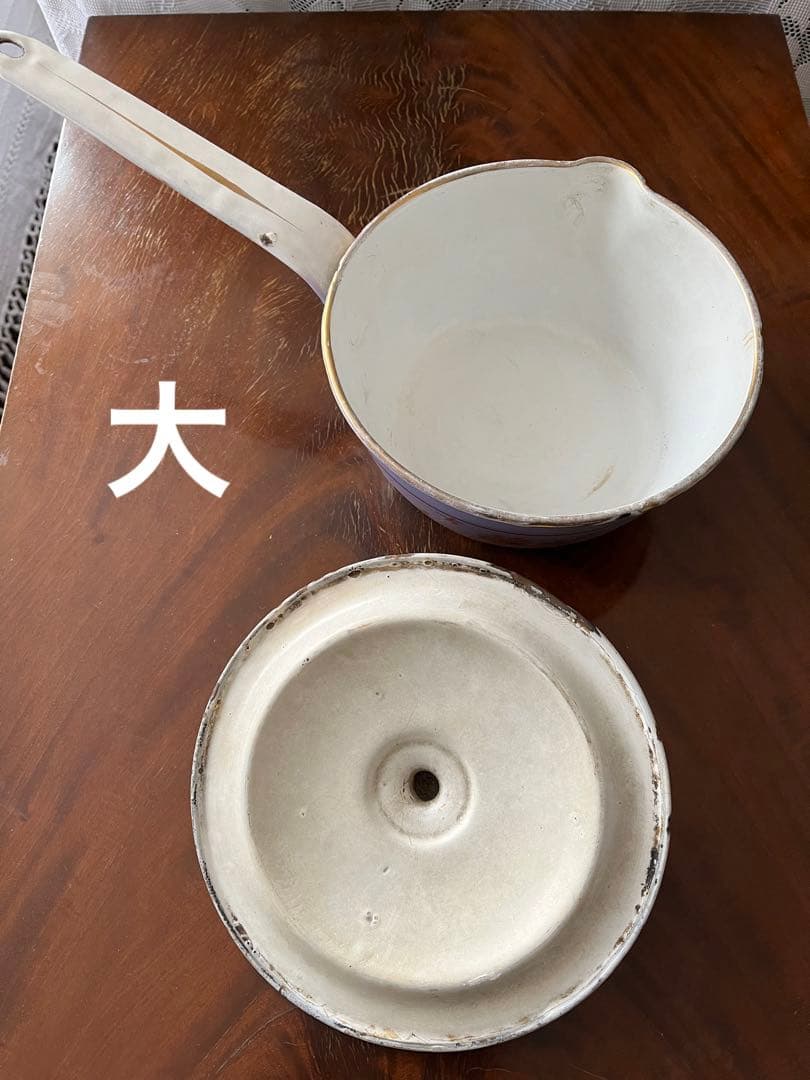 フランスアンティーク ホーロー　鍋４点(大中小ふた) パープルのお花模様