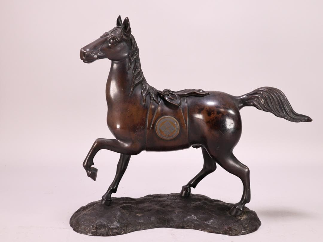 BK198　時代金工　古銅製　大名馬　置物　床飾　ブロンズ像　家紋　武田菱