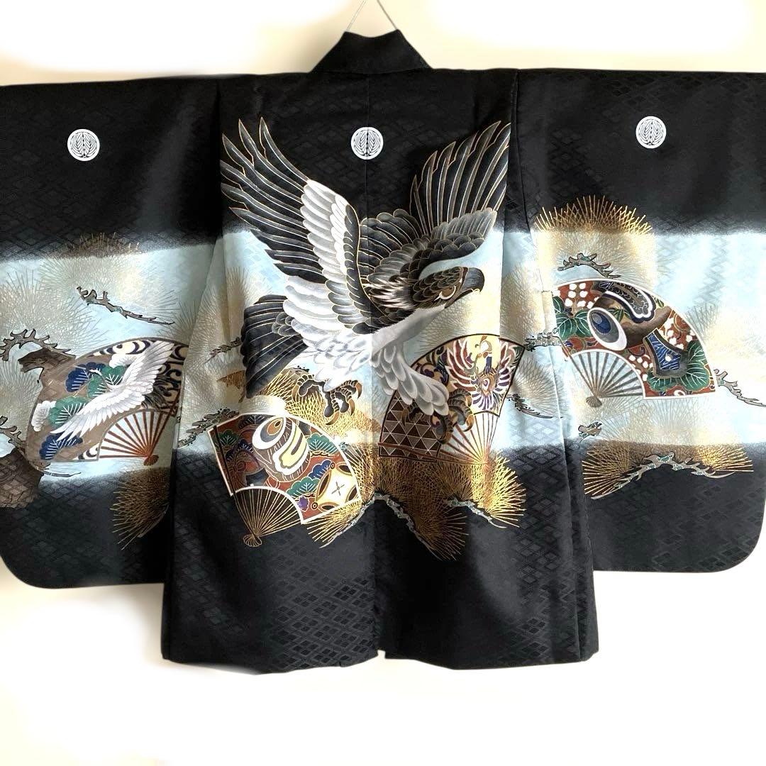 男の子七五三　羽織、袴一式　着付けDVD付き　鷹と扇子デザインフルセット