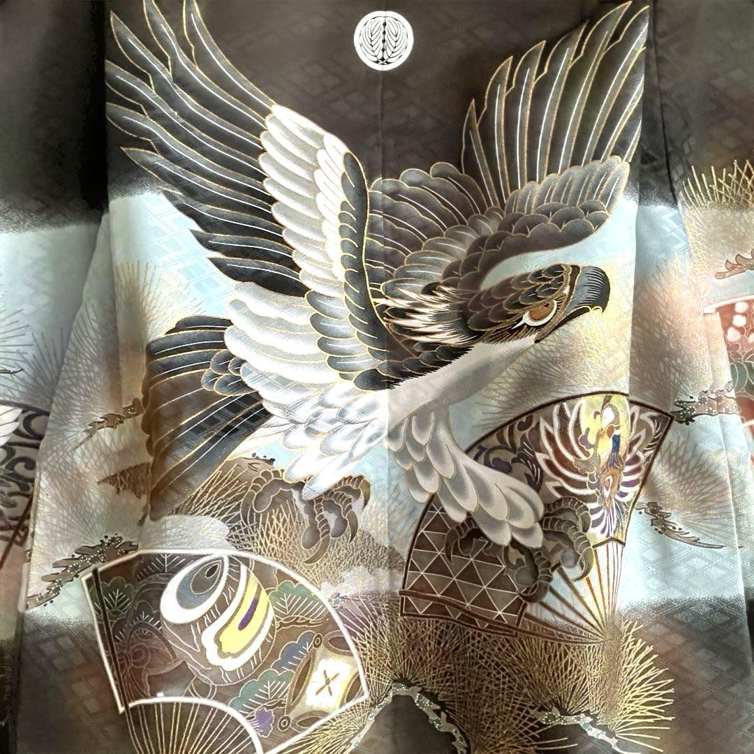 男の子七五三　羽織、袴一式　着付けDVD付き　鷹と扇子デザインフルセット