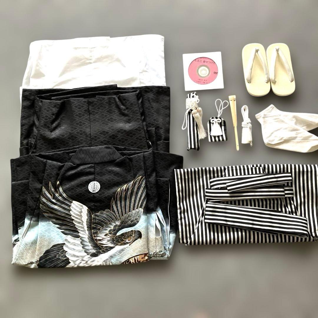 男の子七五三　羽織、袴一式　着付けDVD付き　鷹と扇子デザインフルセット