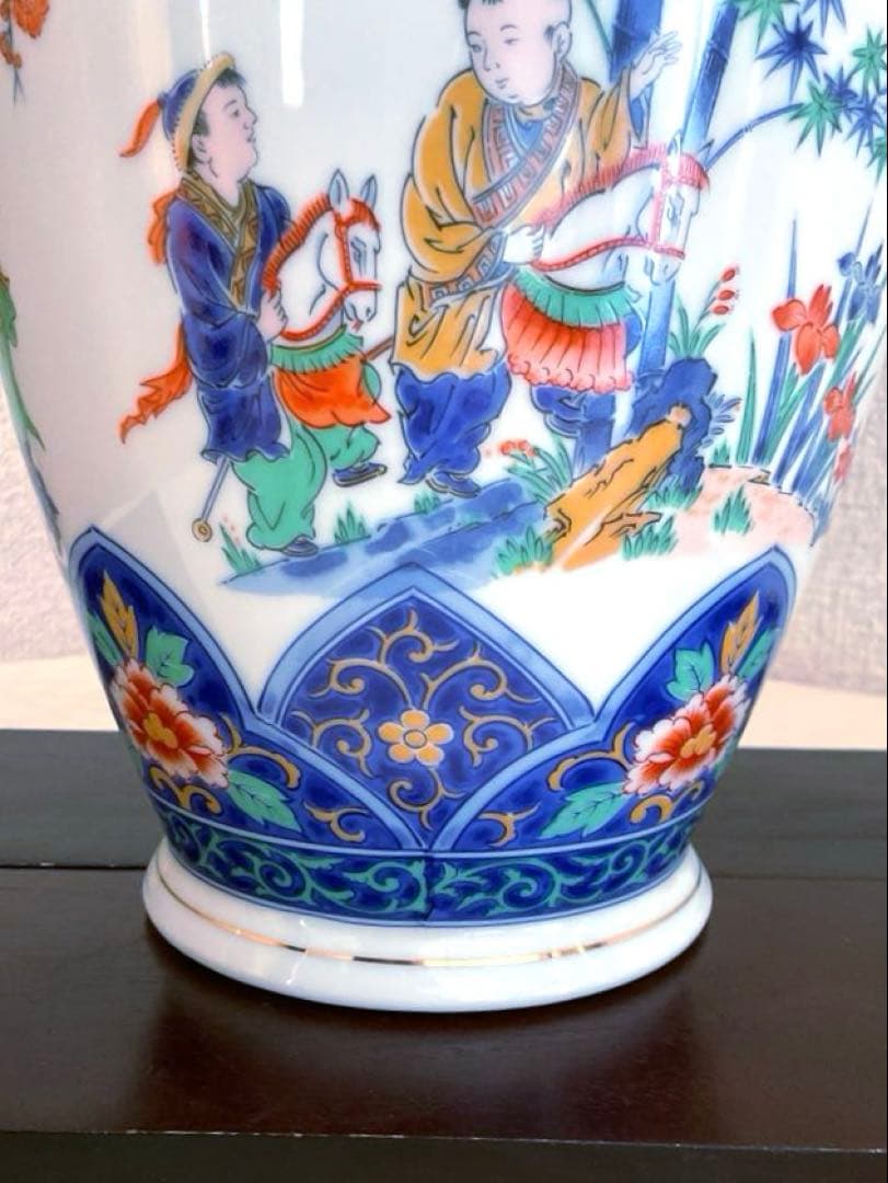 【新品】若山窯　唐絵柄陶器花びん 昭和レトロ 唐絵 骨董 手描き花瓶 置物