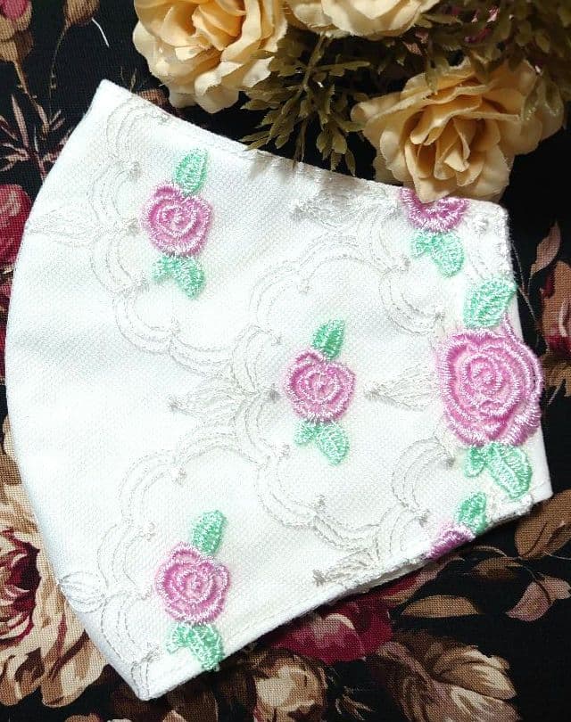 Ｎｏ．2507 ピンクミニローズ柄チュールレース♡ハンドメイドマスク