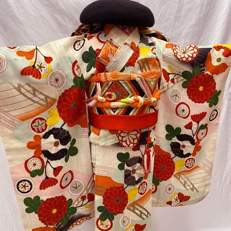 508ag50, 小物5点◎七五三 七歳 女児 アンティーク着物&丸帯 総柄◎
