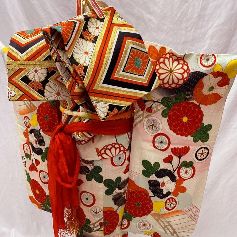 508ag50, 小物5点◎七五三 七歳 女児 アンティーク着物&丸帯 総柄◎
