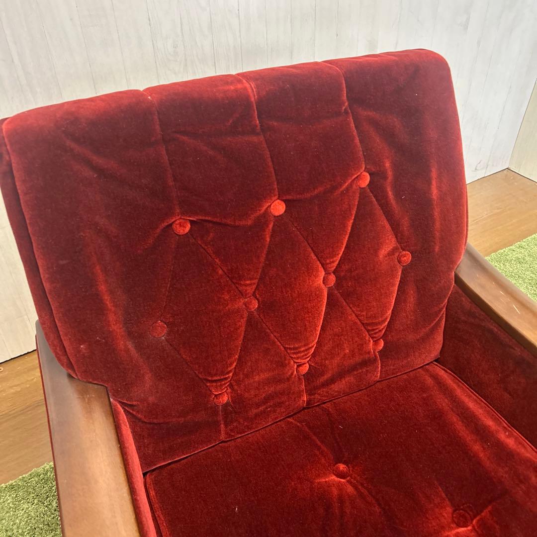 ① 昭和レトロ 古家具 一人掛けベロアソファー アームチェア ヴィンテージ 赤