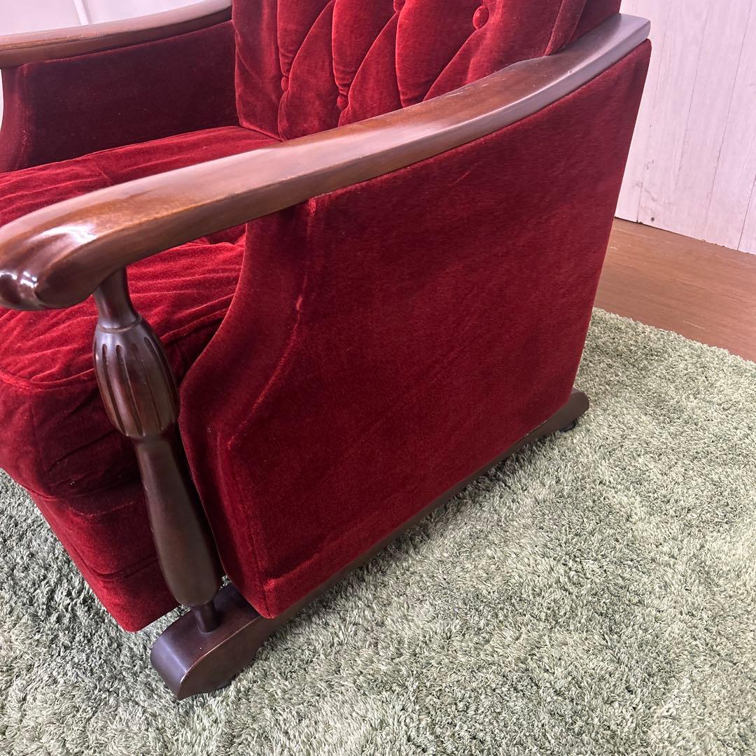 ① 昭和レトロ 古家具 一人掛けベロアソファー アームチェア ヴィンテージ 赤