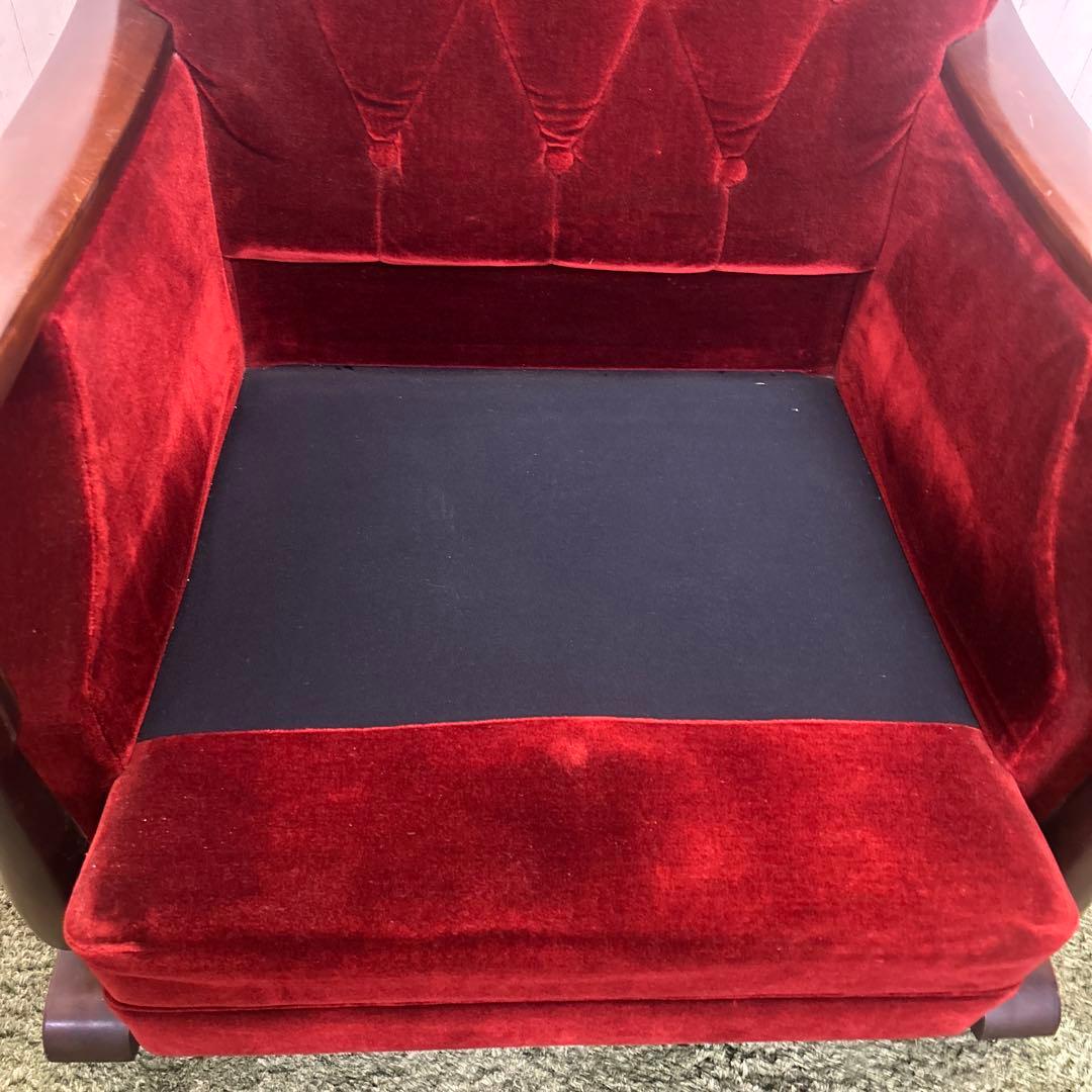 ① 昭和レトロ 古家具 一人掛けベロアソファー アームチェア ヴィンテージ 赤